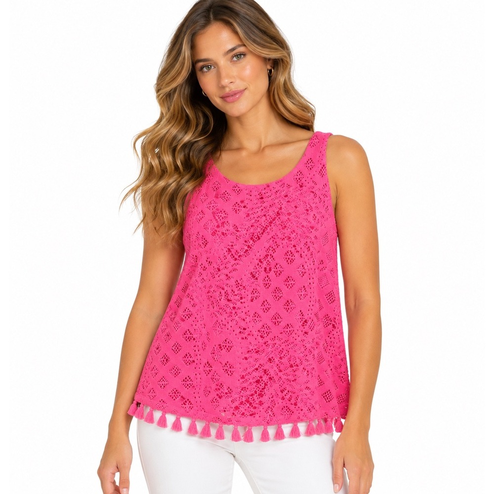 Lilly Pulitzer Pink Lace Sleeveless Tassel Hem Top Pineapple Zipper XS